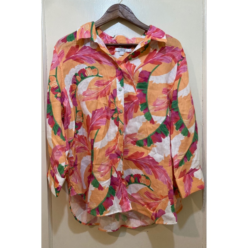 Chicos 100% Linen Button Down Shirt 3 XL 16 Orange Tropical Leaf Coastal Resort - Picture 2 of 7